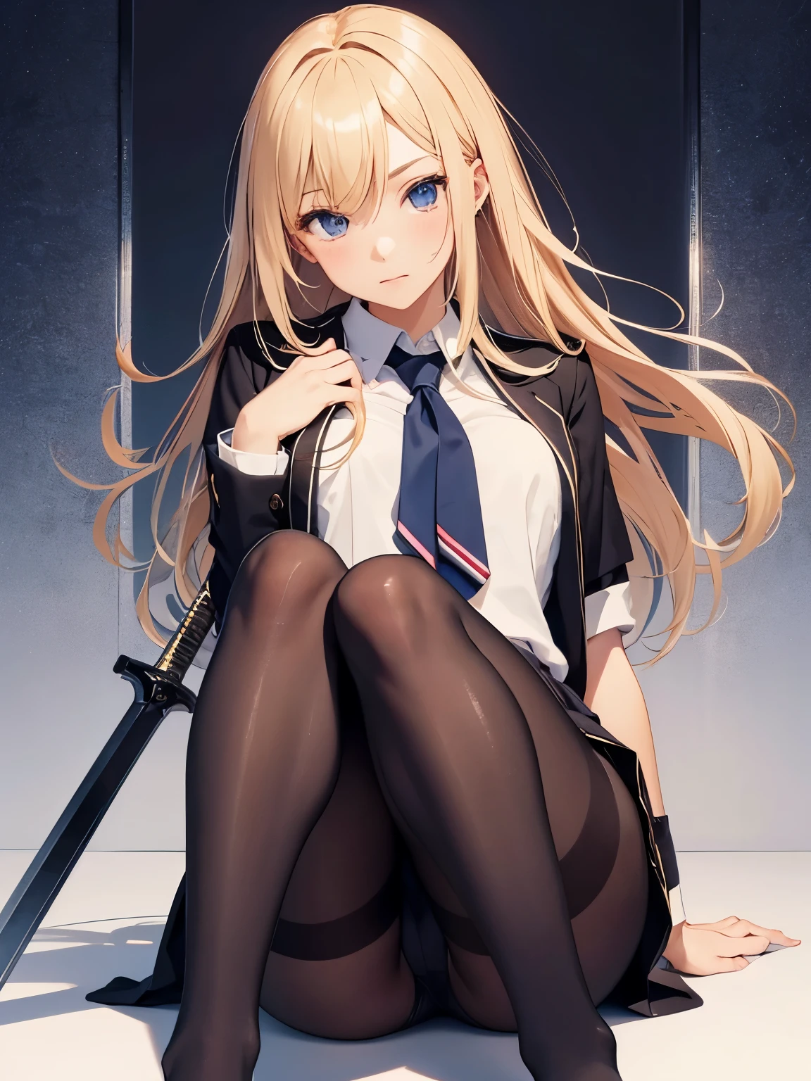 Show entire body, feet in view, gorgeous blonde, American school uniform, pantyhose, no shoes, holding sword