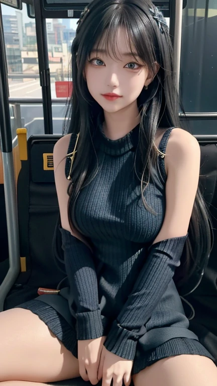 play sports often, long hair、(Grey knit dress:1.5), (black hair)、(Underwear exposure:1.1)、(knee socks)、(Purple panties)、(Cyberpunk settings: 1.2), compensate,, (1 girl: 1.4), highest quality, masterpiece, (reality: 1.2), young woman, lady, detailed face, fine eyes, fine hair, fine skin, looking at the viewer, dramatic, vibrant, sharp focus, 50mm, f1.2, EOS R8, (3/4 body: 1.2), (Inside the bus in the background: 1.6), (highest qualityの詳細: 1.2), 8K HD,(spread legs:1.7),