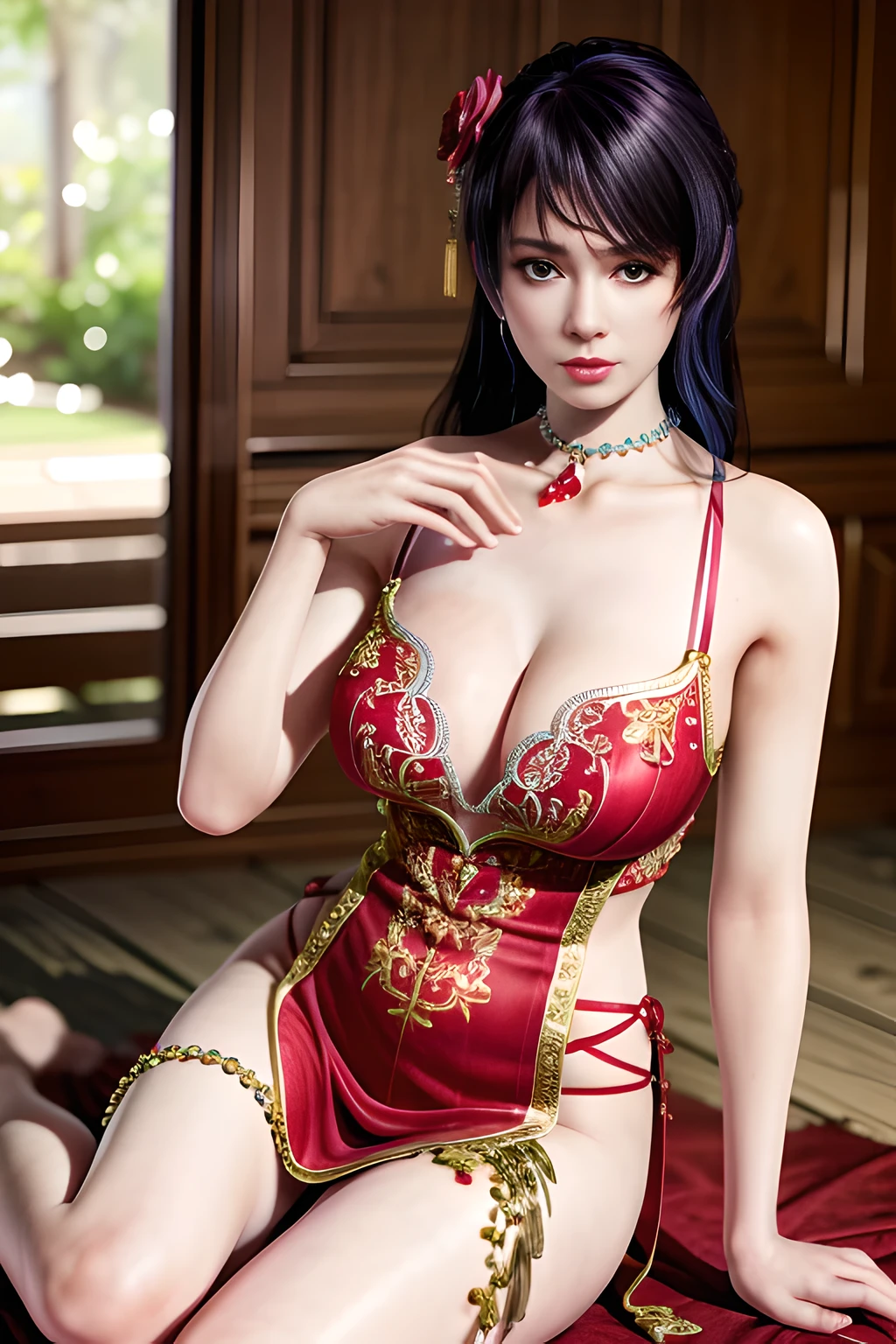 1 girl,Shandy,wearing red clothes,long skirt, Su embroidery style:Chinese bridal dress, Wedding scene,jewelry,grace,(((red lips))), Lips slightly open, clavicle,(huge breasts),((8k, original photo, top quality, masterpiece), HD RAW color photos professional close-up photos, (actual, photorealism: 1.37), (best quality),8k,soft sunshine, Fabric luster,alone,(whole body:1.1)