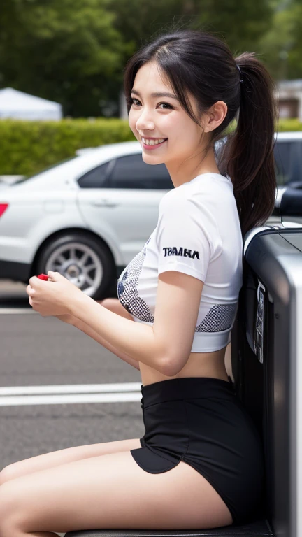 Highly detailed CG Unity 8K wallpaper, highest quality, Super detailed, masterpiece, realistic, photo realistic, Highly detailed cute girl, 25 years old, (whole bodyからつま先まで:1.2、(whole body)、(whole body to toes)、(shot from the side:1.2)、(sitting on the hood of a car)、(lace queen)、(sexy pose),(model pose)、(big breasts)、(big ass)、(smile at the camera)、( Smile while looking at the camera ),(whole bodyショット:1.2) ,(Side view:1.2)、(side shot:1.2)、(ponytail)、(photorealistic:1.3)、(Sponsored and wearing grid girl costume'logo is printed.:1.3), (shorts) , (sitting in a motorsport race), (Tamiya)、(SoftBank)、(Looking at me and smiling)、