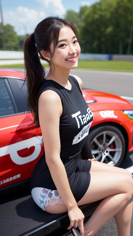 Highly detailed CG Unity 8K wallpaper, highest quality, Super detailed, masterpiece, realistic, photo realistic, Highly detailed cute girl, 25 years old, (whole bodyからつま先まで:1.2、(whole body)、(whole body to toes)、(shot from the side:1.2)、(sitting on the hood of a car)、(lace queen)、(sexy pose),(model pose)、(big breasts)、(big ass)、(smile at the camera)、( Smile while looking at the camera ),(whole bodyショット:1.2) ,(Side view:1.2)、(side shot:1.2)、(ponytail)、(photorealistic:1.3)、(Sponsored and wearing grid girl costume'logo is printed.:1.3), (shorts) , (sitting in a motorsport race), (Tamiya)、(SoftBank)、(Looking at me and smiling)、