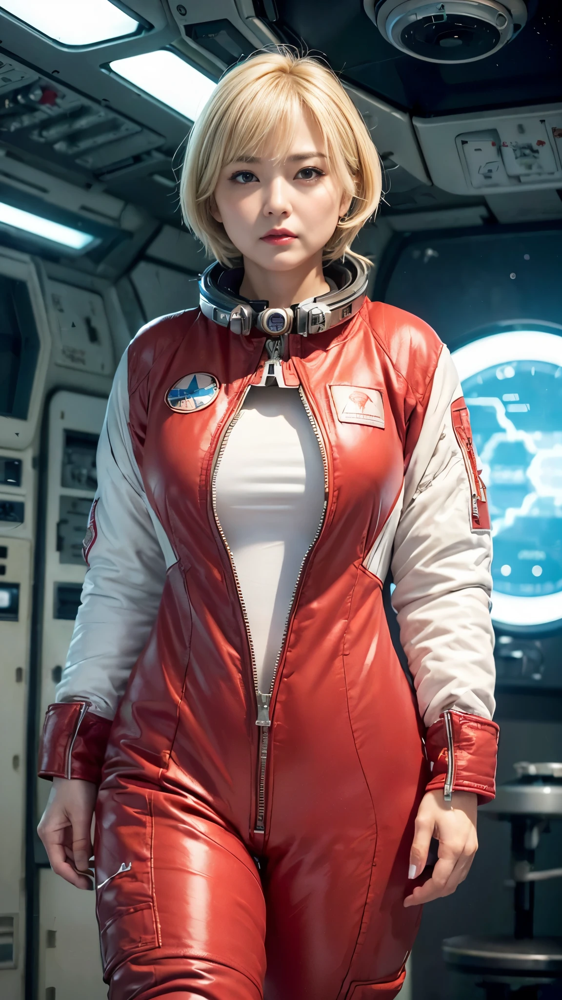 (hyper real)、future female pilots、
Huge Beautiful woman High level image quality High resolution realistic short hair blonde、 blondeの女性、mature woman、middle-aged women、((big big skin texture、超High resolution、realistic、Chubby body type、angry face、beauty of middle age、beautiful expression、Detailed green ironed fluffy hair、Kamimei、Very delicate and delicate skin texture、35A woman piloting a giant space station)、female pilot batlight red lips、((wear a red flight suit))、(((alone)))、