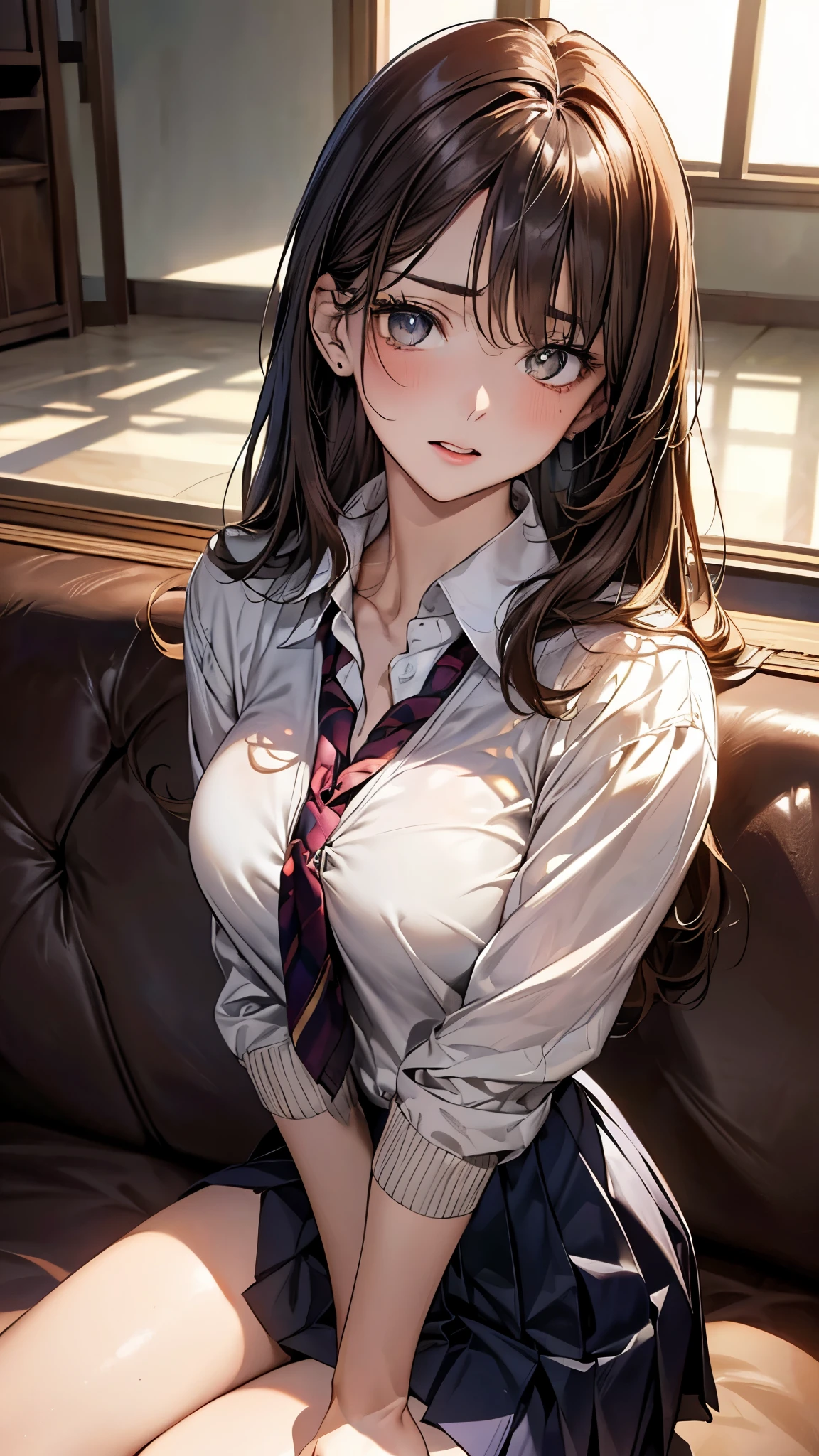 (masterpiece:1.2, top-quality), (realistic, photorealistic:1.4), beautiful illustration, (natural side lighting, movie lighting), nsfw, 
looking down at viewer, 1 girl, japanese, high school girl, perfect face, cute and symmetrical face, shiny skin, 
(long hair:1.5, straight hair:1.5, red brown hair), swept bangs, big eyes, dark green eyes, drooping eyes, long eye lasher, (large breasts:0.6), 
beautiful hair, beautiful face, beautiful detailed eyes, beautiful clavicle, beautiful body, beautiful chest, beautiful thighs, beautiful legs, 
((symmetrical clothing, detailed cloth texture, white collared shirt, navy pleated skirt), light brown cardigan), dark red tie, 
(beautiful scenery), evening, living room, sitting sofa, arms down, (disappointed, open mouth), 