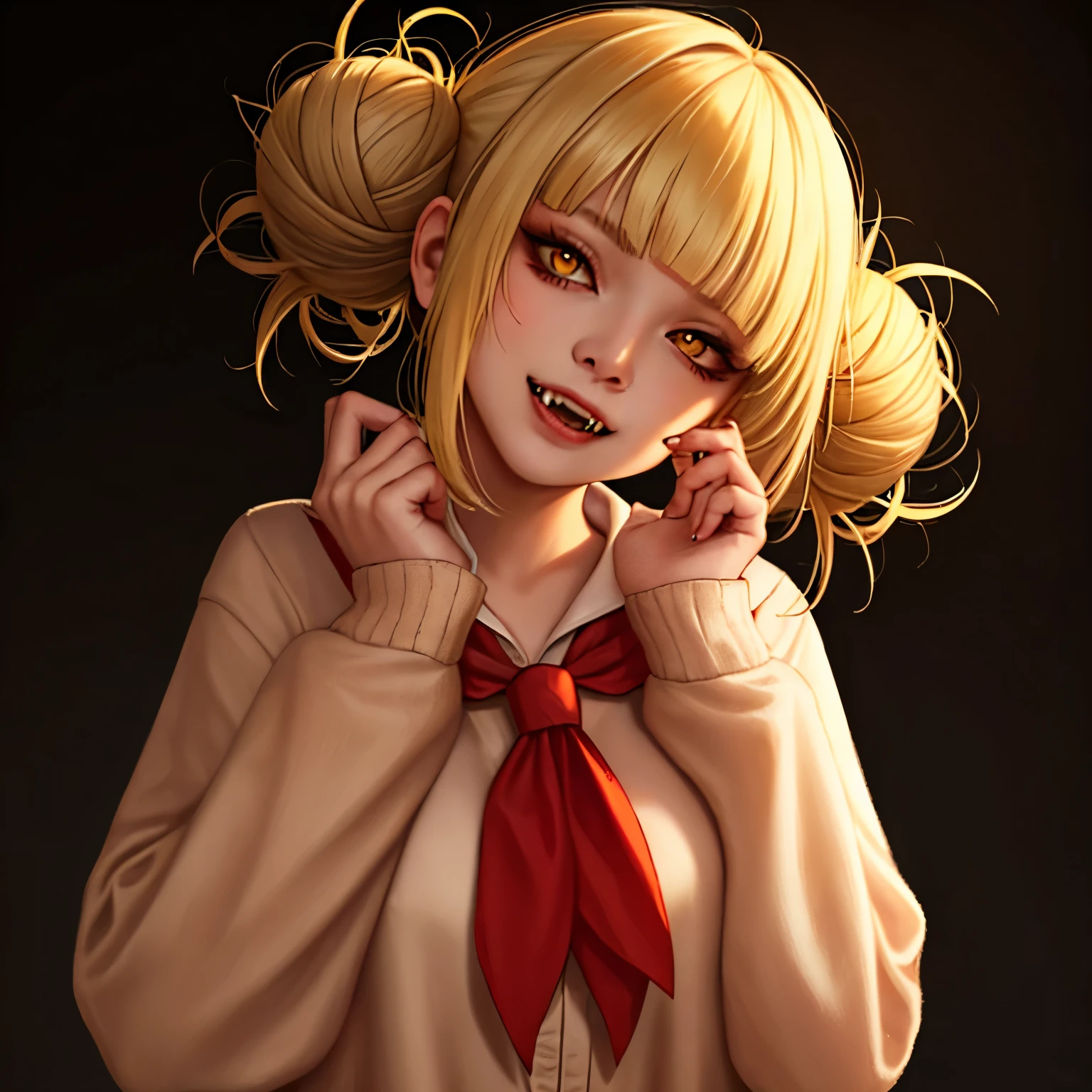 (full body shot, full body:1.2), woman, himiko toga, (blonde hair:1.2),asian, caucasian, blunt bangs, bleached hair, double bun, eyebrows hidden by hair, eyeliner, hair bun, makeup, messy hair, (yellow eyes), fangs, narrow eyes, realistic, detailed face, girl,  high detailed skin,skin pores, 8k uhd,dslr,soft lighting,high quality,Fujifilm XT3, (pleated skirt:1.0), fangs, (head tilt:1.2), 1girl,, (yellow caridan), long sleeves, (bright red neckerchief:1.2), socks, (fangs:1)