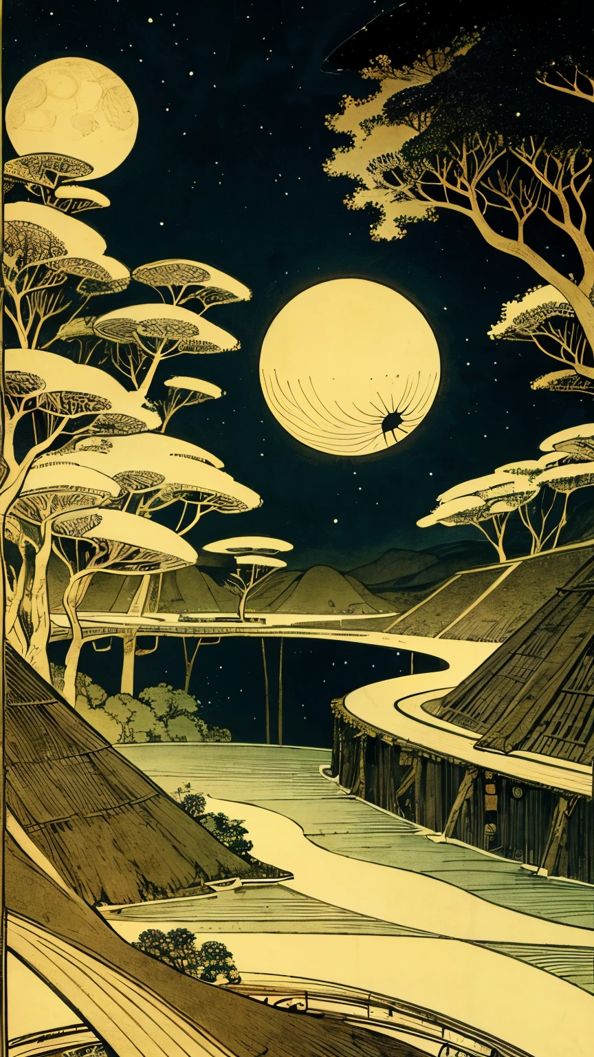 Virginia Frances Sterrett, Hasui Kawase, Mysterious, strange, surreal, bizarre, fantasy, Sci-fi, Japanese anime, the sun sleeping in the basement, the distance of darkness, detailed masterpiece
