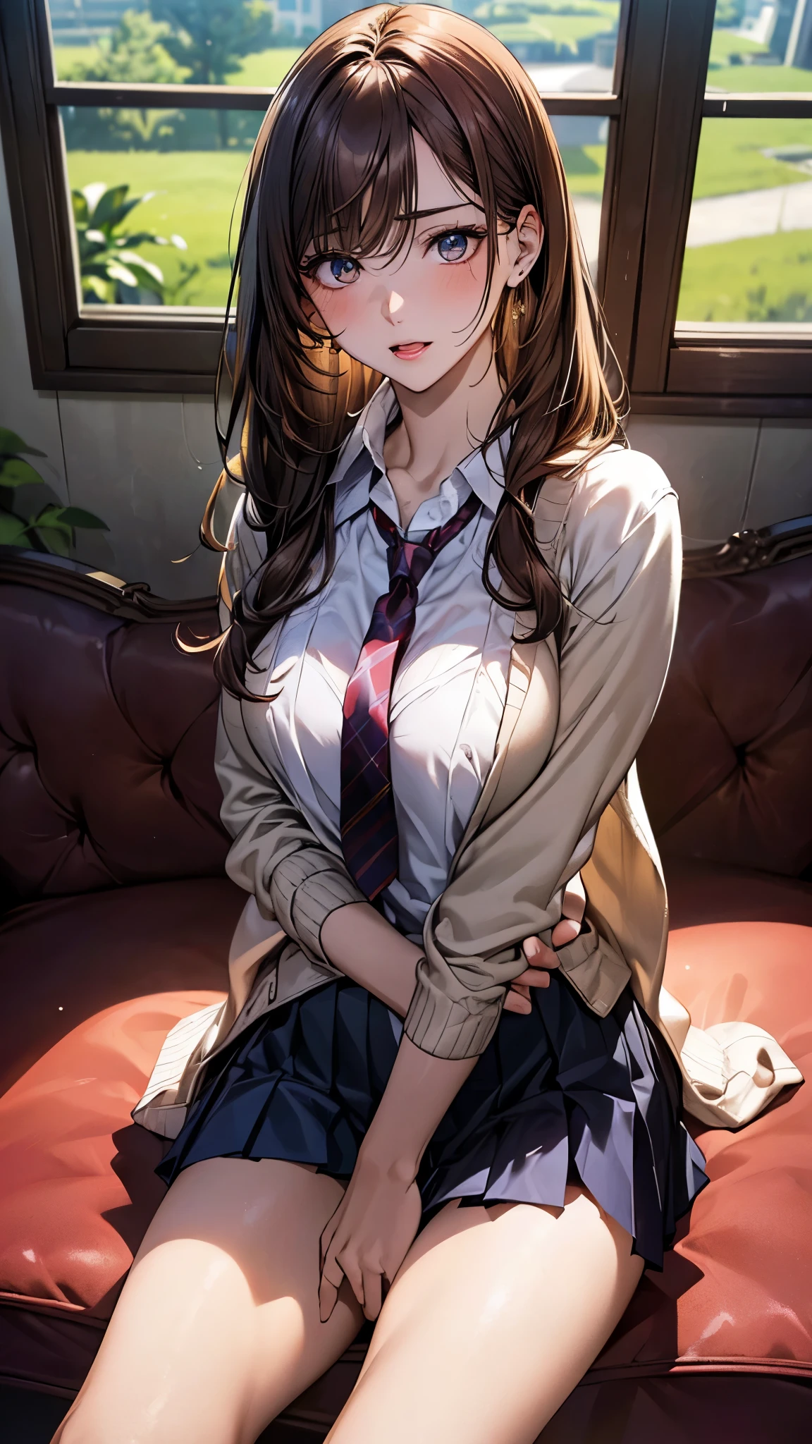 (masterpiece:1.2, top-quality), (realistic, photorealistic:1.4), beautiful illustration, (natural side lighting, movie lighting), ,
(looking down at viewer), 1 girl, japanese, high school girl, perfect face, cute and symmetrical face, shiny skin,
(long hair:1.5, straight hair:1.5, red brown hair), swept bangs, big eyes, dark green eyes, drooping eyes, long eye lasher, (large breasts:0.6),
beautiful hair, beautiful face, beautiful detailed eyes, beautiful clavicle, beautiful body, beautiful chest, beautiful thighs, beautiful legs,
((symmetrical clothing, detailed cloth texture, white collared shirt, navy pleated skirt), light brown cardigan), dark red tie,
(beautiful scenery), evening, living room, sitting sofa, arms down, (disappointed, open mouth),