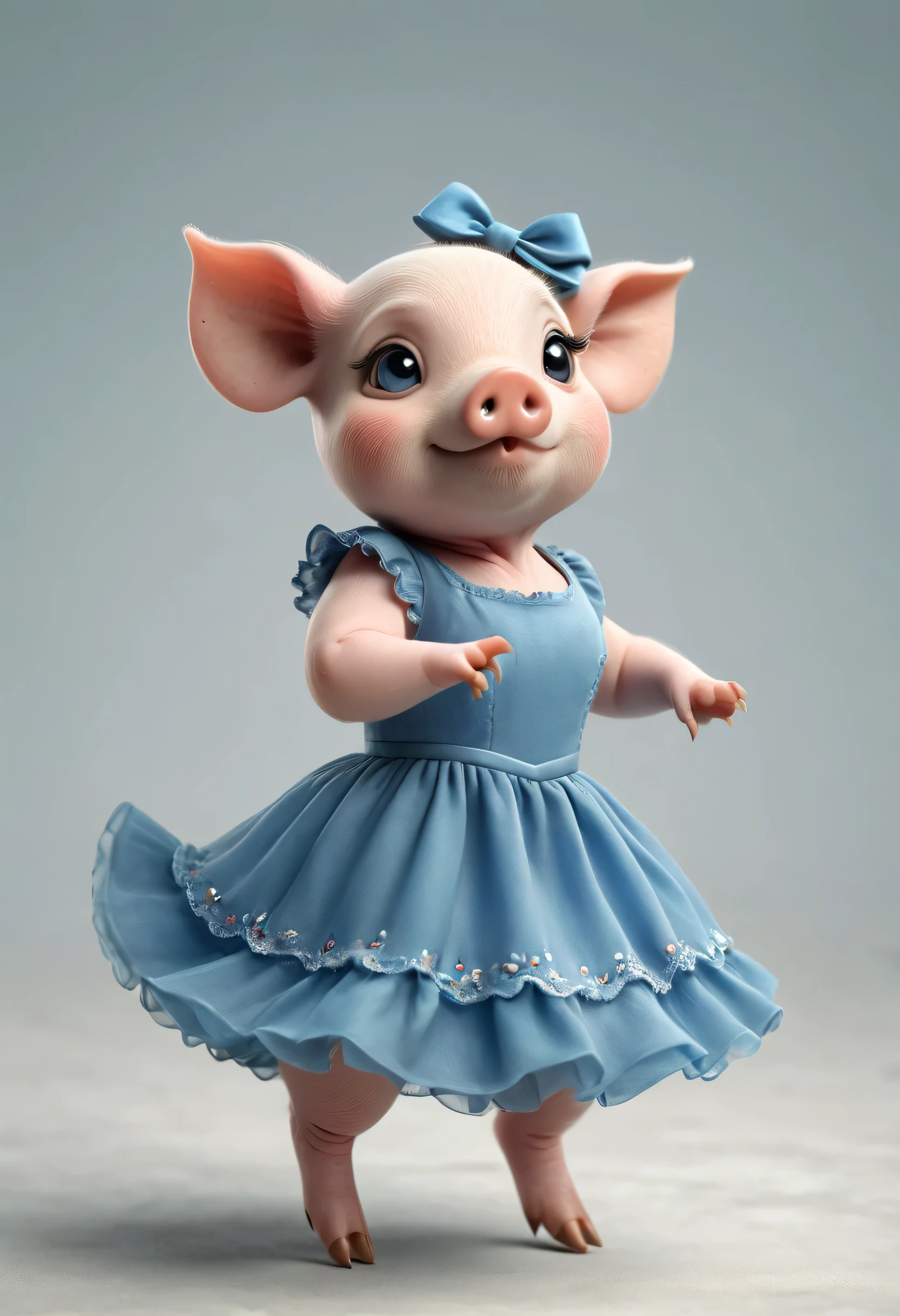 Cute little pig in blue dress, waltzing, cartoonish, hairless