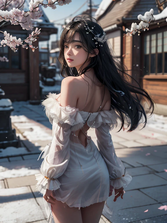（（best qualtiy））， （（tmasterpiece））， （detail：1.4）， Beautiful cyberpunk female images，hdr（HighDynamicRange），Ray traching，NVIDIA RTX，Hyper-Resolution，illusory 5，sub surface scattering，PBR textures，post-proces，Anisotropy Filtering，depth of fields，maximum definition and sharpness，Many-Layer Textures，Albedo e mapas Speculares，Surface coloring，Mitsu-Accurate simulation of material interactions，perfectly proportioned，rendering by octane，Two-colored light，largeaperture，Low ISO，White balance，Rule three points、8K raw data、Beautiful bright blue pupils，off-the-shoulder clothes，Fine pupils，Delicate face and eyes，long eyelasher，Blushlush，Delicate and fluffy hair，pink lip，Pure，Cute face，Sweet girl，Artistic sense，Casual wear，Advancedsense，butterflys，Cherry blossom petal，Beautiful hair accessories，Long hair and waist，Hair fluttering in the wind，Snow-white fox ears，curlies，Snow-white fluffy tail，Positive light，The light from the back window is backlighted
