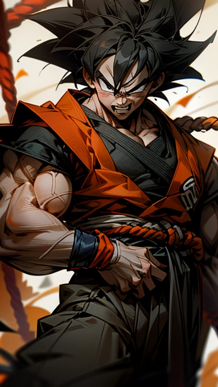 son Goku,Goku face,black orange kimono,hand cross,fuzzy background,angry expression,cartoon,rope tied on his waist, masterpiece,8k resolution , muscular