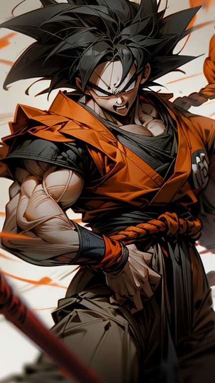 son Goku,Goku face,black orange kimono,hand cross,fuzzy background,angry expression,cartoon,rope tied on his waist, masterpiece,8k resolution , muscular