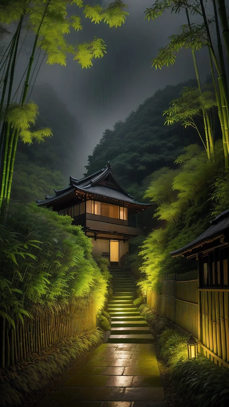 Live shooting, at night, on a rainy day, in the middle of a dense bamboo forest on a hillside, there is a wet and secluded stone path with wooden railings. In the distance, it is foggy. The thatched cottage on the left, the wooden tail on the hillside opens a door, and the lights are on. The nearby bamboo is thick and green, and the bamboo in the bamboo forest is next to one another, showing all the bamboo leaves. Wide-angle shooting, the picture is ultra-high-definition, ultra-real