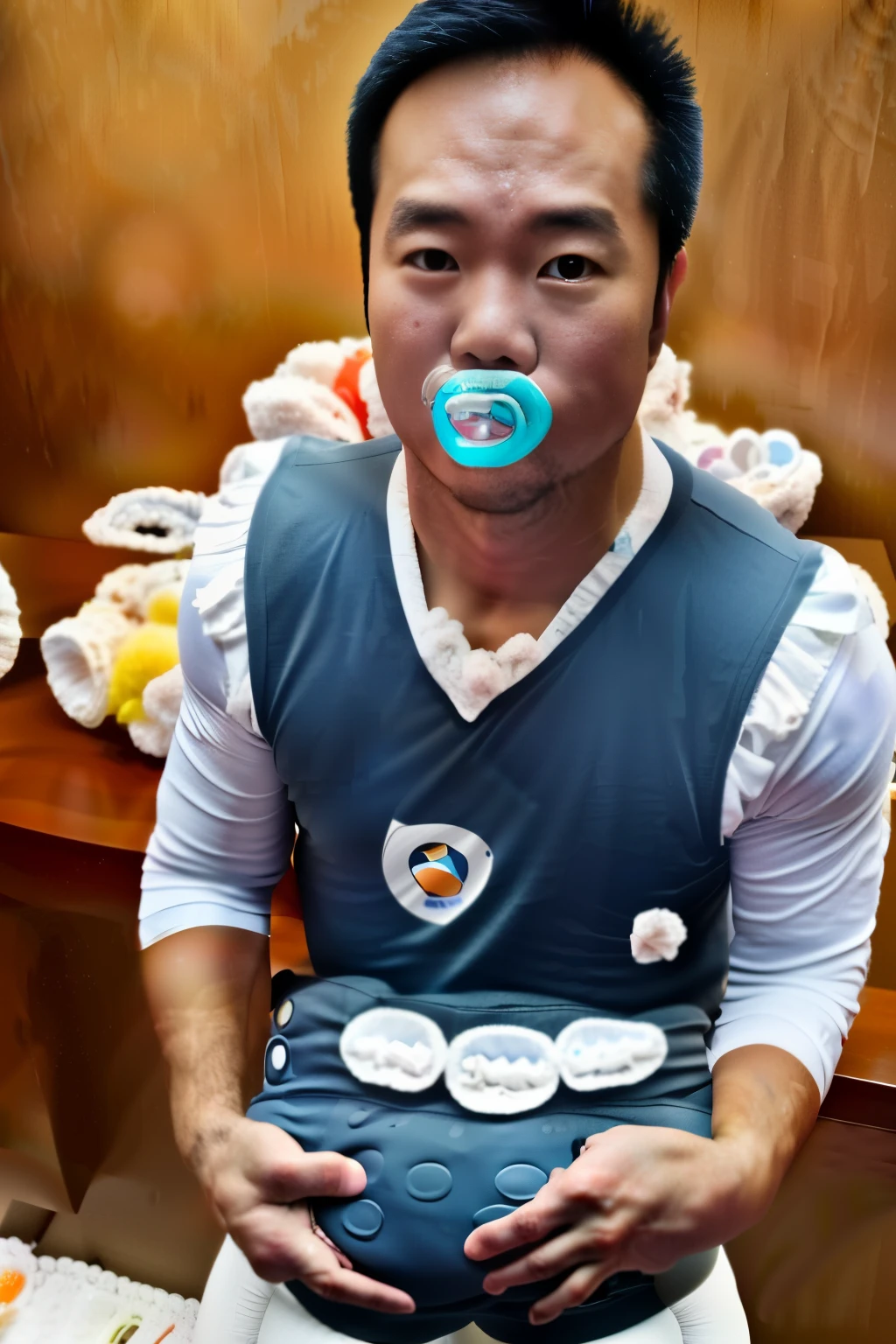 adult male、37 years old、Thai,(No hair:1.8)、((I held a pacifier in my mouth)),bib、(Wearing diapers:1.8)、、((full body))、