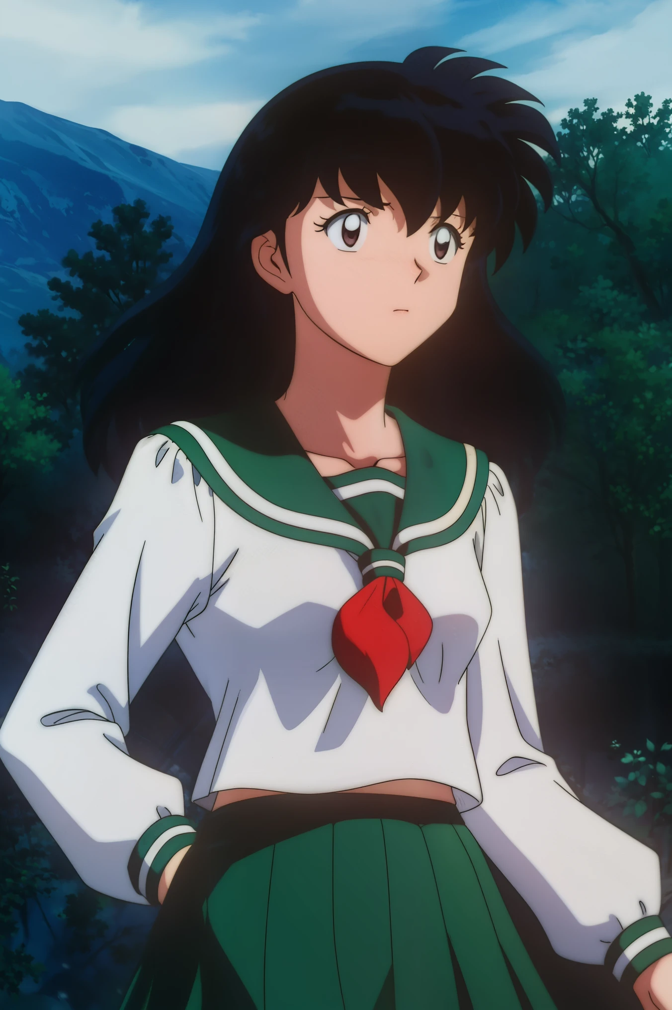 1girl, solo, outdoors, long hair, brown eyes, school uniform,(Masterpiece: 1.6, Best Quality), (Fine Beautiful Eyes: 1.2), (best quality, masterpiece, higher), green school uniform, soft thighs , long sleeves, white socks, scenery , Best Quality, ((anime)) ((Colored)) HD, Kagome Higurashi ,school uniforms, Standing, Green skirt, Red scarf, long hair, Black hair between the eyes, Thighs are soft, school background , black hair, skirt ,standing, green skirt, serafuku
