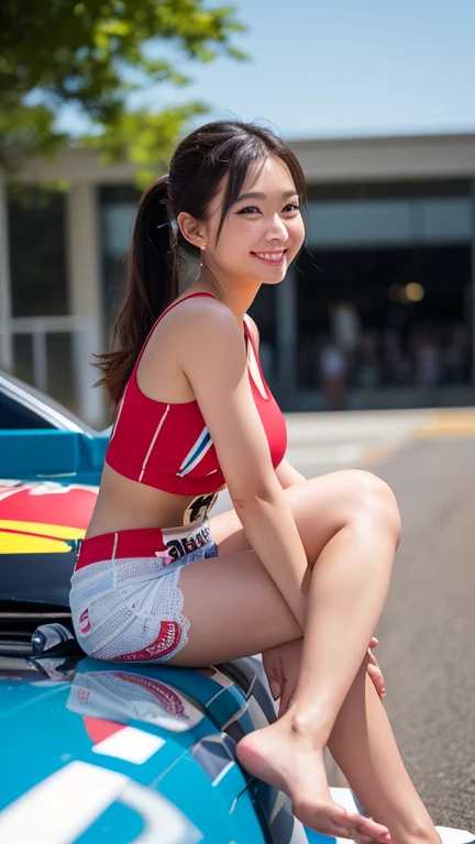 Highly detailed CG Unity 8K wallpaper, highest quality, Super detailed, masterpiece, realistic, photo realistic, Highly detailed cute girl, 25 years old, (whole bodyからつま先まで:1.2、(whole body)、(whole body to toes)、(shot from the side:1.2)、(sitting on the hood of a car)、(lace queen)、(sexy pose),(model pose)、(big breasts)、(big ass)、(smile at the camera)、( Smile while looking at the camera ),(whole bodyショット:1.2) ,(Side view:1.2)、(side shot:1.2)、(ponytail)、(photorealistic:1.3)、(Sponsored and wearing grid girl costume'logo is printed.:1.3), (shorts) , (sitting in a motorsport race), (Tamiya)、(SoftBank)、(Looking at me and smiling)、