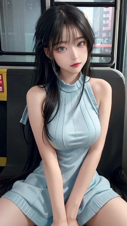 play sports often, long hair、(Light blue knitted dress:1.5), (black hair)、No panties, (Cyberpunk settings: 1.2), compensate,, (1 girl: 1.4), highest quality, masterpiece, (reality: 1.2), young woman, lady, detailed face, fine eyes, fine hair, fine skin, looking at the viewer, dramatic, vibrant, sharp focus, 50mm, f1.2, EOS R8, (3/4 body: 1.2), (Inside the bus in the background: 1.6), (highest qualityの詳細: 1.2), 8K HD,(spread legs:1.2),