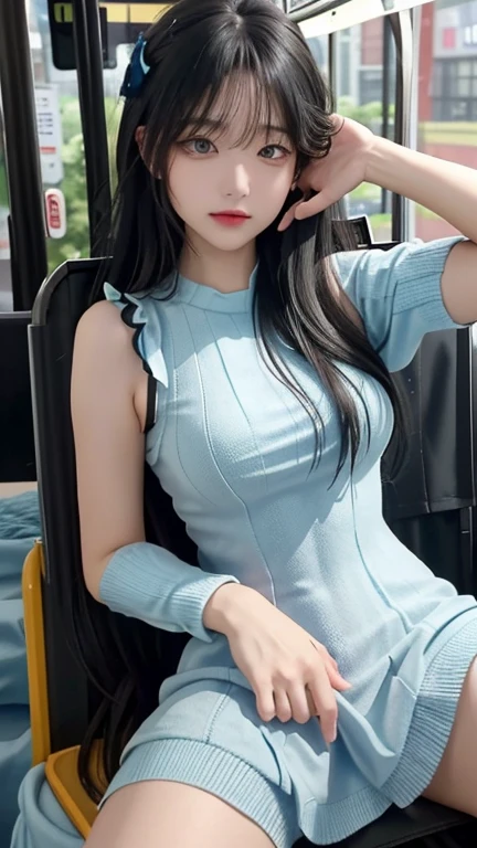 play sports often, long hair、(Light blue knitted dress:1.5), (black hair)、No panties, (Cyberpunk settings: 1.2), compensate,, (1 girl: 1.4), highest quality, masterpiece, (reality: 1.2), young woman, lady, detailed face, fine eyes, fine hair, fine skin, looking at the viewer, dramatic, vibrant, sharp focus, 50mm, f1.2, EOS R8, (3/4 body: 1.2), (Inside the bus in the background: 1.6), (highest qualityの詳細: 1.2), 8K HD,(spread legs:1.2),