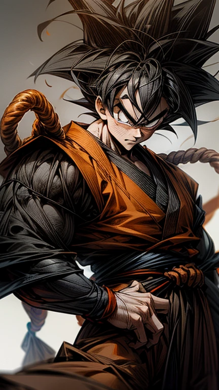 son Goku,Goku face,black orange kimono,hand cross,fuzzy background,angry expression,cartoon,rope tied on his waist, masterpiece,8k resolution , muscular