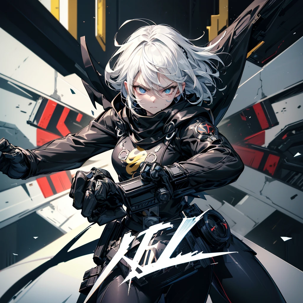 Fighting girl, epic, with particles, HD, 8k, white hair, with black cape, line marks on the face, serious face, closed mouth, casual pose, hands in Bruce Lee position, tactical pants, black hood, black lines under eyes, black polar diver, eyes with marked rings, detailed face, blood on the lips, full body,