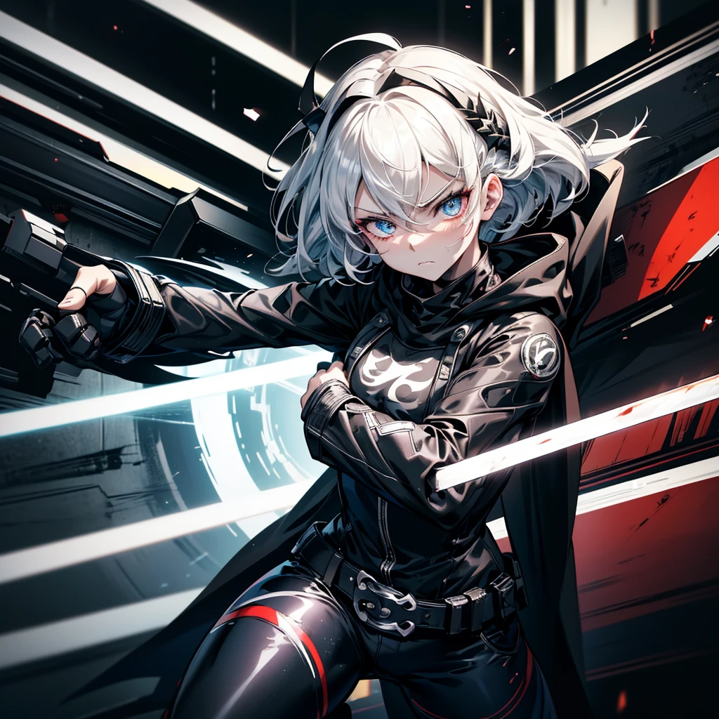 Fighting girl, epic, with particles, HD, 8k, white hair, with black cape, line marks on the face, serious face, closed mouth, casual pose, hands in Bruce Lee position, tactical pants, black hood, black lines under eyes, black polar diver, eyes with marked rings, detailed face, blood on the lips, full body,