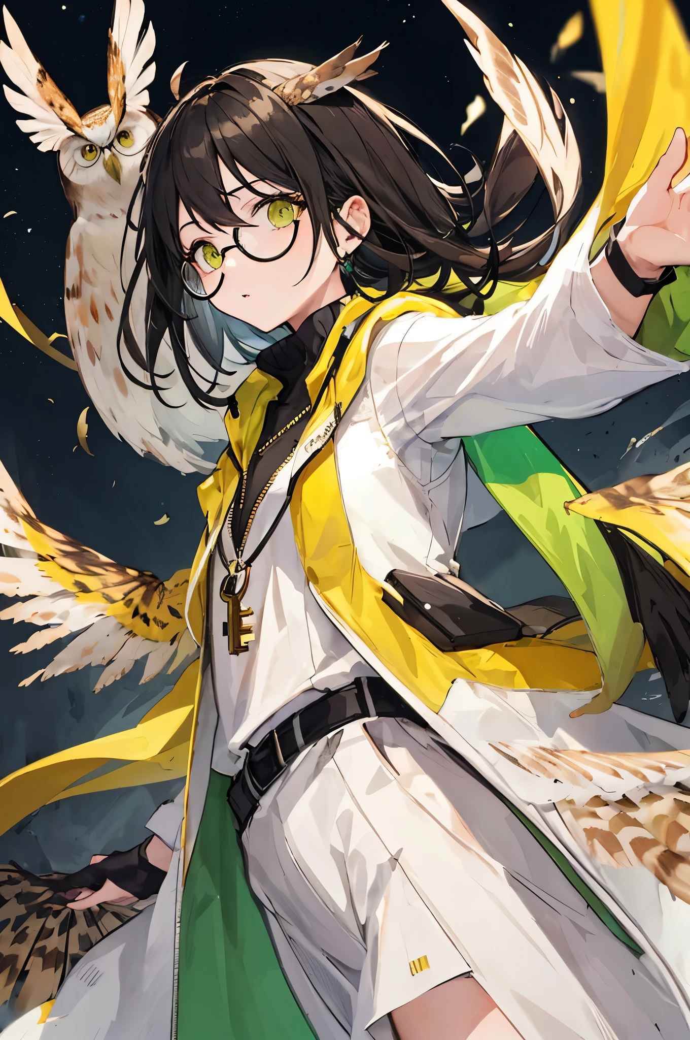 owl beautiful girl，yellow glasses，Yellow-green eyes，black hair，The angle of view is the key