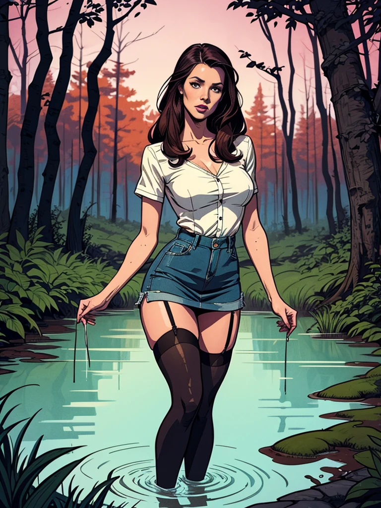 70s style illustration,tortured by lust shy vulnerable mature female drowning in the middle of forest bog and sexy tease herself,denim skirt,blouse,(lace stockings with garters),indulging in fetish, (can't hold orgasm)