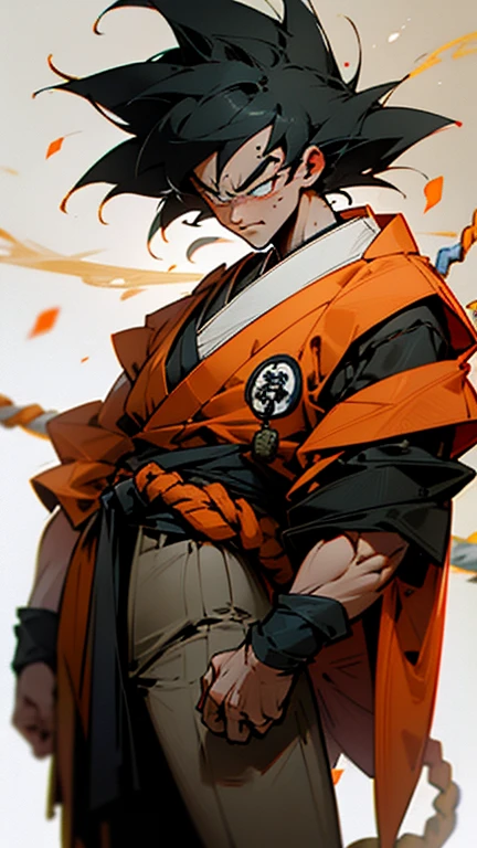 son Goku,Goku face,black orange kimono,hand cross,fuzzy background,angry expression,cartoon,rope tied on his waist, masterpiece,8k resolution , muscular