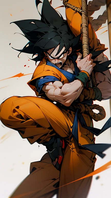son Goku,Goku face,black orange kimono,hand cross,fuzzy background,angry expression,cartoon,rope tied on his waist, masterpiece,8k resolution , muscular
