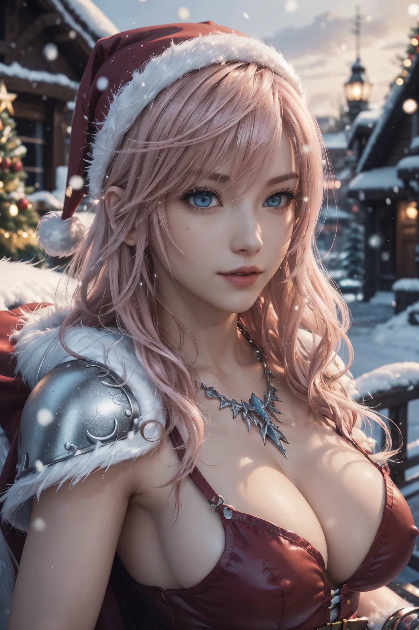 The best piece,Artistically beautiful,Lightning,Final Fantasy 13,FF1 pink blonde,Medium Hair,Light permed hair,Curly hair on one side,Letting down your bangs,A beautiful Blue eyes,beautiful and high nose,santa costume,Santa's Hat,christmas armor,Santa Claus's coat,Use blizzard magic,Photorealsitic,An ultra-high picture quality,hightquality,masterpiece,Digital SLR,Detailed details,Intricate details,Based on anatomical grounds,Depicted in detail,Detailed face,realistic skin textures,Vivid details,perfect anatomia,perfect anatomia,Anatomically correct hand,Anatomically correct fingers,Super Detail,Complex 3D Rendering,Colossal tits(hiding breast),sexy pose,bright red claws,beautiful christmas,final fantasy cityscape,Fantasy worldview,Gorgeous Christmas Tree,white Christmas,neon color,Beautiful cityscape,mysterious snow scene,It's snowing,,Picturesque beauty,Photograph the whole body,9 head body,Red Lip,Beautiful curly hair,Luxurious necklace,emphasize the beautiful whole body,Beautiful nails,A smile,