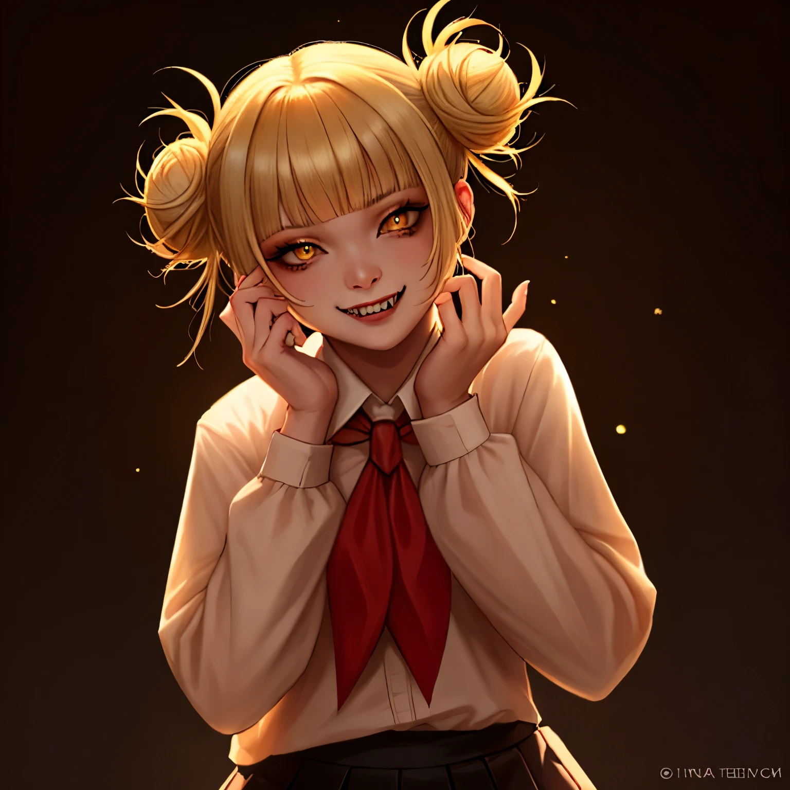 (full body shot, full body:1.2), woman, himiko toga, (blonde hair:1.2),asian, caucasian, blunt bangs, bleached hair, double bun, eyebrows hidden by hair, eyeliner, hair bun, makeup, messy hair, (yellow eyes), fangs, narrow eyes, realistic, detailed face, girl,  high detailed skin,skin pores, 8k uhd,dslr,soft lighting,high quality,Fujifilm XT3, (pleated skirt:1.0), fangs, (head tilt:1.2), 1girl,, (yellow caridan), long sleeves, (bright red neckerchief:1.2), socks, (fangs:1), evil grin