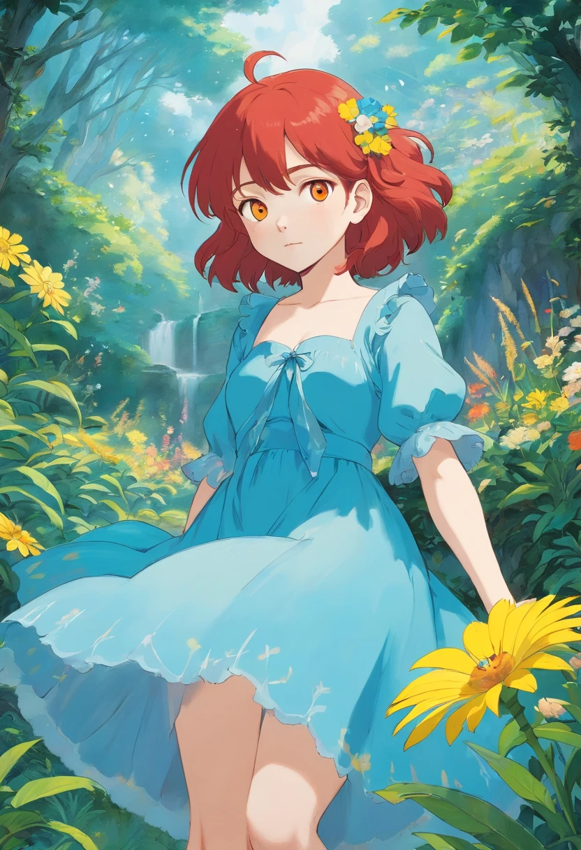 Little, wearing a fluffy blue dress, yellow eyes and red hair, In the style of a tranquil garden landscape, animated color photo, masami teraoka, Aquamarine, Paulo Gauguin, embry style, honest portrait,Girl undressed and raped