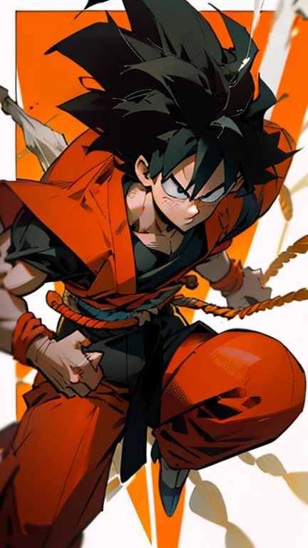 son Goku,Goku face,black orange kimono,hand cross,fuzzy background,angry expression,cartoon,rope tied on his waist, masterpiece,8k resolution , muscular