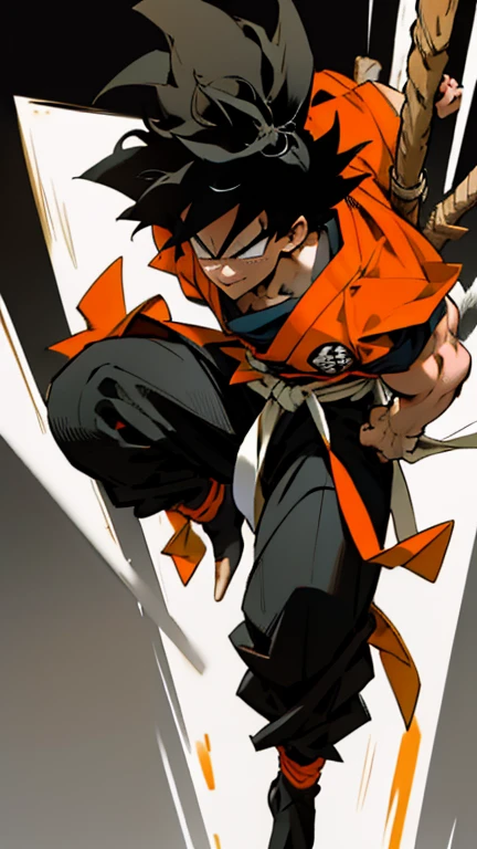 son Goku,Goku face,black orange kimono,hand cross,fuzzy background,angry expression,cartoon,rope tied on his waist, masterpiece,8k resolution , muscular