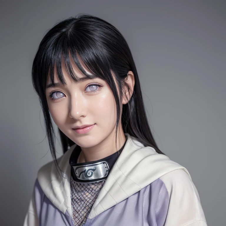 (highest quality,super detailed,realistic:1.37),Naruto's Hinata,beautiful and fine eyes,Soft facial features,porcelain skin,long silky black hair,tightly tied forehead protector,gentle smile,calm expression,casual clothes,white and lavender color palette,Subtle shading and highlight effects,Dynamic and vivid background,studio lighting,artistic rendering style,Bright colors,Charcoal sketch texture.