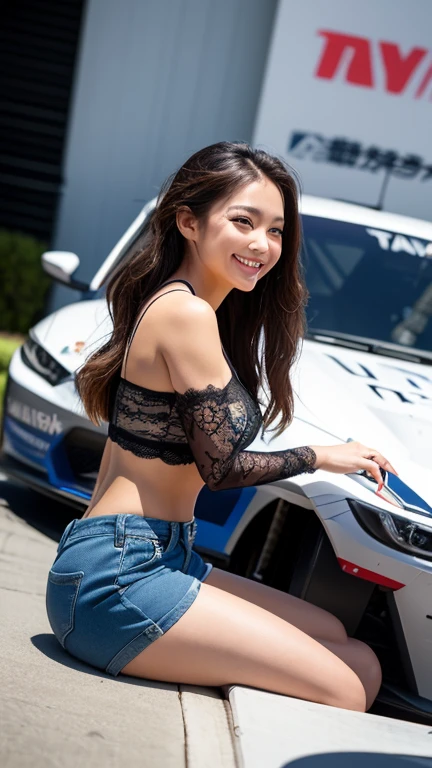 Highly detailed CG Unity 8K wallpaper, highest quality, Super detailed, masterpiece, realistic, photo realistic, Highly detailed cute girl, 25 years old, (whole bodyからつま先まで:1.2、(whole body)、(whole body to toes)、(shot from the side:1.2)、(sitting on the hood of a car)、(lace queen)、(sexy pose),(model pose)、(big breasts)、(big ass)、(smile at the camera)、( Smile while looking at the camera ),(whole bodyショット:1.2) ,(Side view:1.2)、(side shot:1.2)、(ponytail)、(photorealistic:1.3)、(Sponsored and wearing grid girl costume'logo is printed.:1.3), (shorts) , (sitting in a motorsport race), (Tamiya)、(SoftBank)、(Looking at me and smiling)、