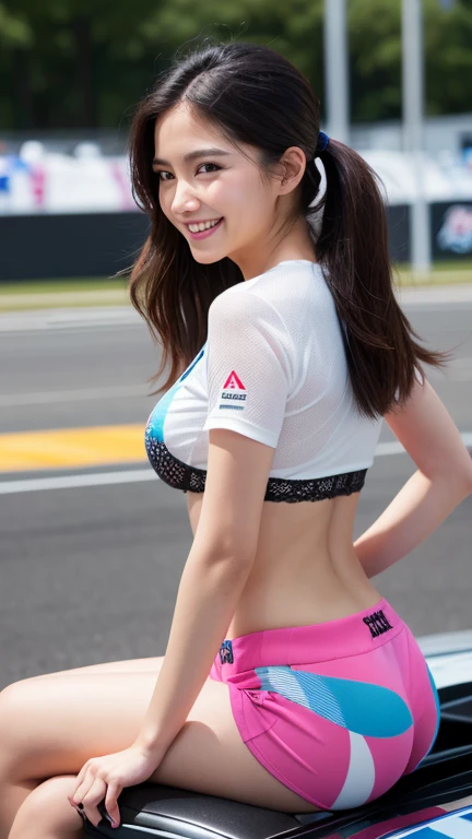 (((one shoulder gridgirl costume))),(((midriff peek))),(((show underboob ))),(((miniskirt lift))),(((bare inner thigh))),(((show Formula One car))),ulzzang-6500-v1.1, (Raw photo:1.2), (Photo realistic:1.4), a beautiful detailed girl, extremely detailed eye and face, beautiful detailed eyes, ultra-detailed, High resolution, top-quality, masterpiece, highly detailed, 8k wallpaper, Wonderful, finely detail, top-quality, Light on the face,电影灯光,1girl in,(auto race track),Beautiful eyes,smile,Opening Mouth