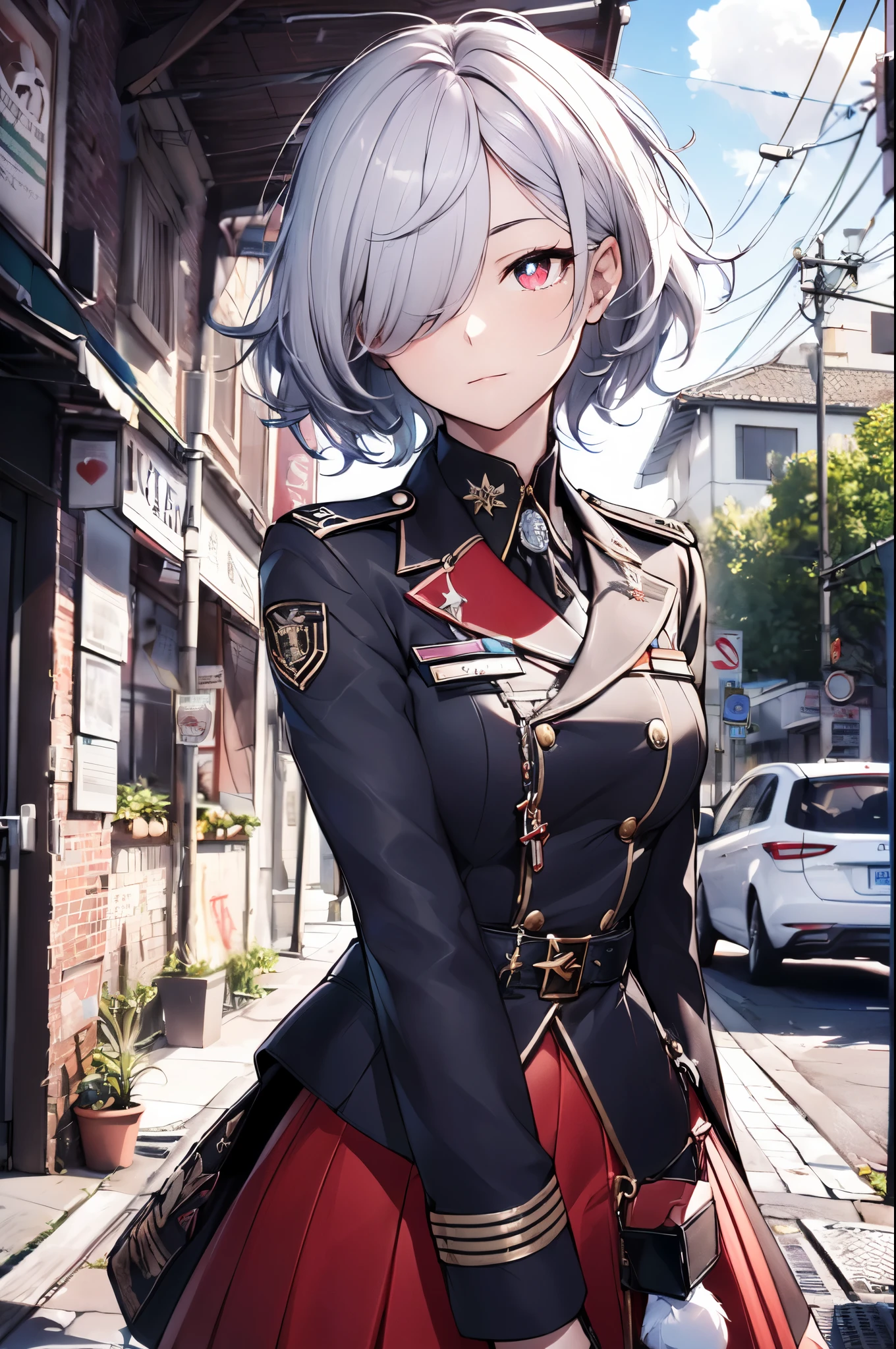 detailed, (masterpiece:1.2), (pale_skin:1.2), (solo:1.2), (female), slender, (gray hair), (black_military_uniform), outdoors, headtilt, red eyes, short hair, (messy hair:1.3), (red skirts), (white pupils:1.3), (hair_covering_eye:1.5)