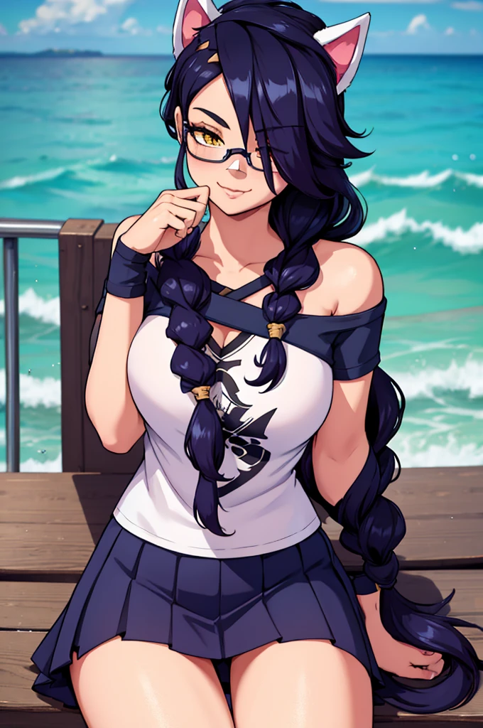 Erisa, 1girl, solo, long hair, looking at viewer, black hair, bandaid on face, yellow eyes, animal ears, smile, bandaid on nose, braid, cat ears, bandaid, bangs, breasts, fake animal ears, simple background, fang, bare shoulders, scar, bare shoulders, short sleeves, closed mouth, t-shirt, hair over one eye, portrait, hair over shoulder, skin tight shirt, legs, glasses, school wear, outfit, short skirt, ocean view, seductive, realistic, detailed eyes, best quality, masterpiece, ultra detail, ultra high res, extreme detail, 8k, uhd