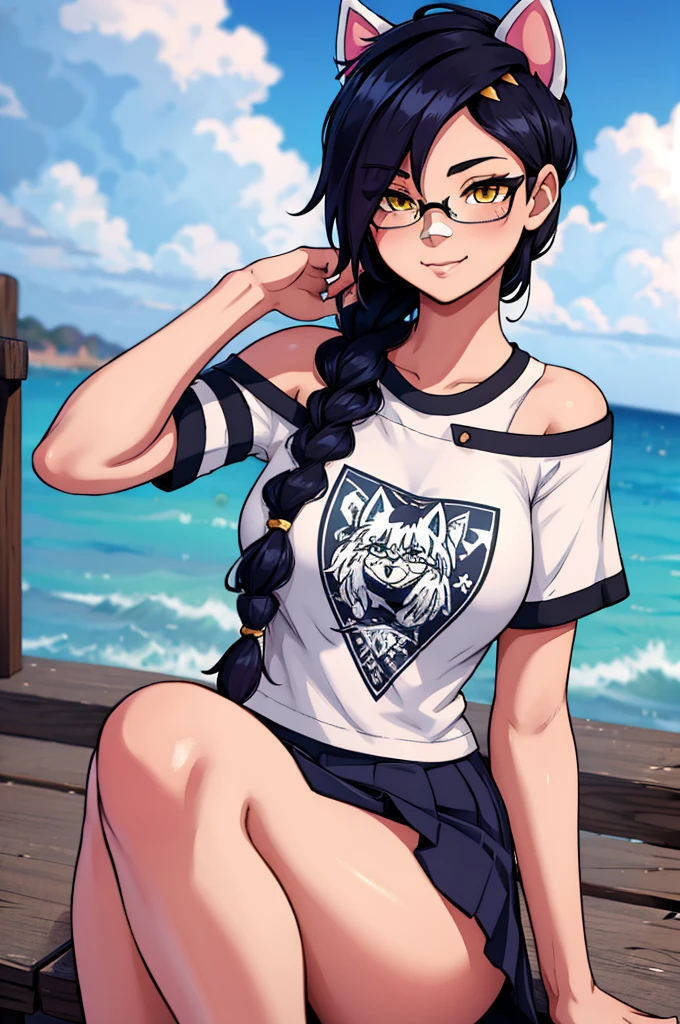 Erisa, 1girl, solo, long hair, looking at viewer, black hair, bandaid on face, yellow eyes, animal ears, smile, bandaid on nose, braid, cat ears, bandaid, bangs, breasts, fake animal ears, simple background, fang, bare shoulders, scar, bare shoulders, short sleeves, closed mouth, t-shirt, hair over one eye, portrait, hair over shoulder, skin tight shirt, legs, glasses, school wear, outfit, short skirt, ocean view, seductive, realistic, detailed eyes, best quality, masterpiece, ultra detail, ultra high res, extreme detail, 8k, uhd