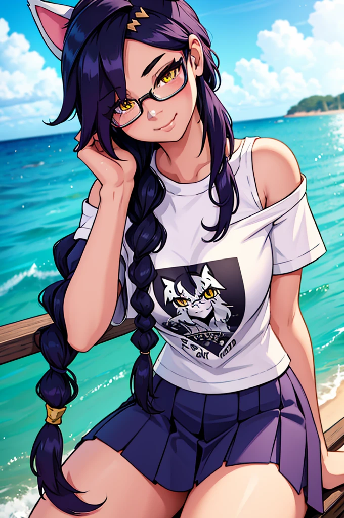 Erisa, 1girl, solo, long hair, looking at viewer, black hair, bandaid on face, yellow eyes, animal ears, smile, bandaid on nose, braid, cat ears, bandaid, bangs, breasts, fake animal ears, simple background, fang, bare shoulders, scar, bare shoulders, short sleeves, closed mouth, t-shirt, hair over one eye, portrait, hair over shoulder, skin tight shirt, legs, glasses, school wear, outfit, short skirt, ocean view, seductive, realistic, detailed eyes, best quality, masterpiece, ultra detail, ultra high res, extreme detail, 8k, uhd