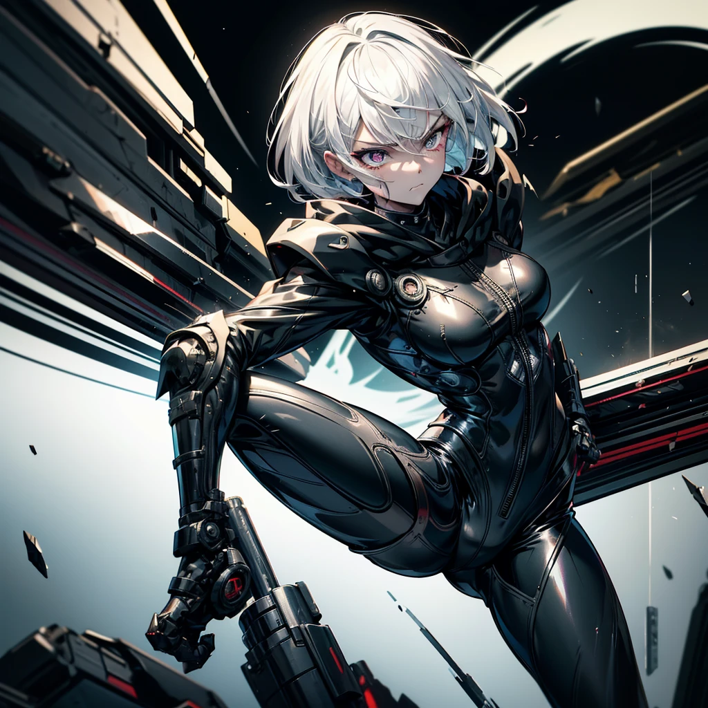 Fighting girl, epic, with particles, HD, 8k, white hair, with black cape, line marks on the face, serious face, closed mouth, casual pose, hands in Bruce Lee position, tactical pants, black hood, black lines under eyes, black polar diver, eyes with marked rings, detailed face, blood on the lips, full body,