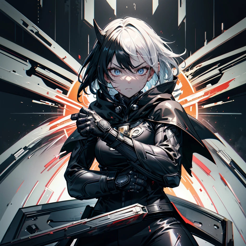 Fighting girl, epic, with particles, HD, 8k, white hair, with black cape, line marks on the face, serious face, closed mouth, casual pose, hands in Bruce Lee position, tactical pants, black hood, black lines under eyes, black polar diver, eyes with marked rings, detailed face, blood on the lips, full body,
