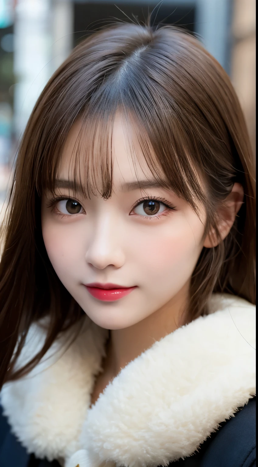 table top, highest quality, shape, Super detailed, finely, High resolution, 8k wallpaper, 完璧なダイナミックな構shape, beautiful and detailed eyes, tokyo trend冬ファッション,tokyo trend＆Introducing cute hairstyles at random, small breasts, natural color lip, random sexy pose,cute smile,20 year old girl、beautiful and detailed face、perfect and beautiful face,Big eyes、Wear fluffy black outerwear with fur、beautiful detailed face、perfect and beautiful double eyelids、blur the background、perfect and beautiful face、Feminine poses、blur the background、slim face and style、Blur background