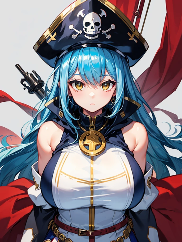 (((masterpiece、Highest image quality、highest quality、highly detailed unity 8kwallpaper)))、((Illustration of one girl、upper body))、(((beautiful girl)))、(female pirate)、(Light light blue hair、short ponytail:1.2、yellow eyes)、((tall))、(((muscle girl, muscle, bulky figure, massive frame, thick neck, sturdy arms, powerful legs)))、(captain's suit、Pirate hat、Blue coat)、Pirate ship deck