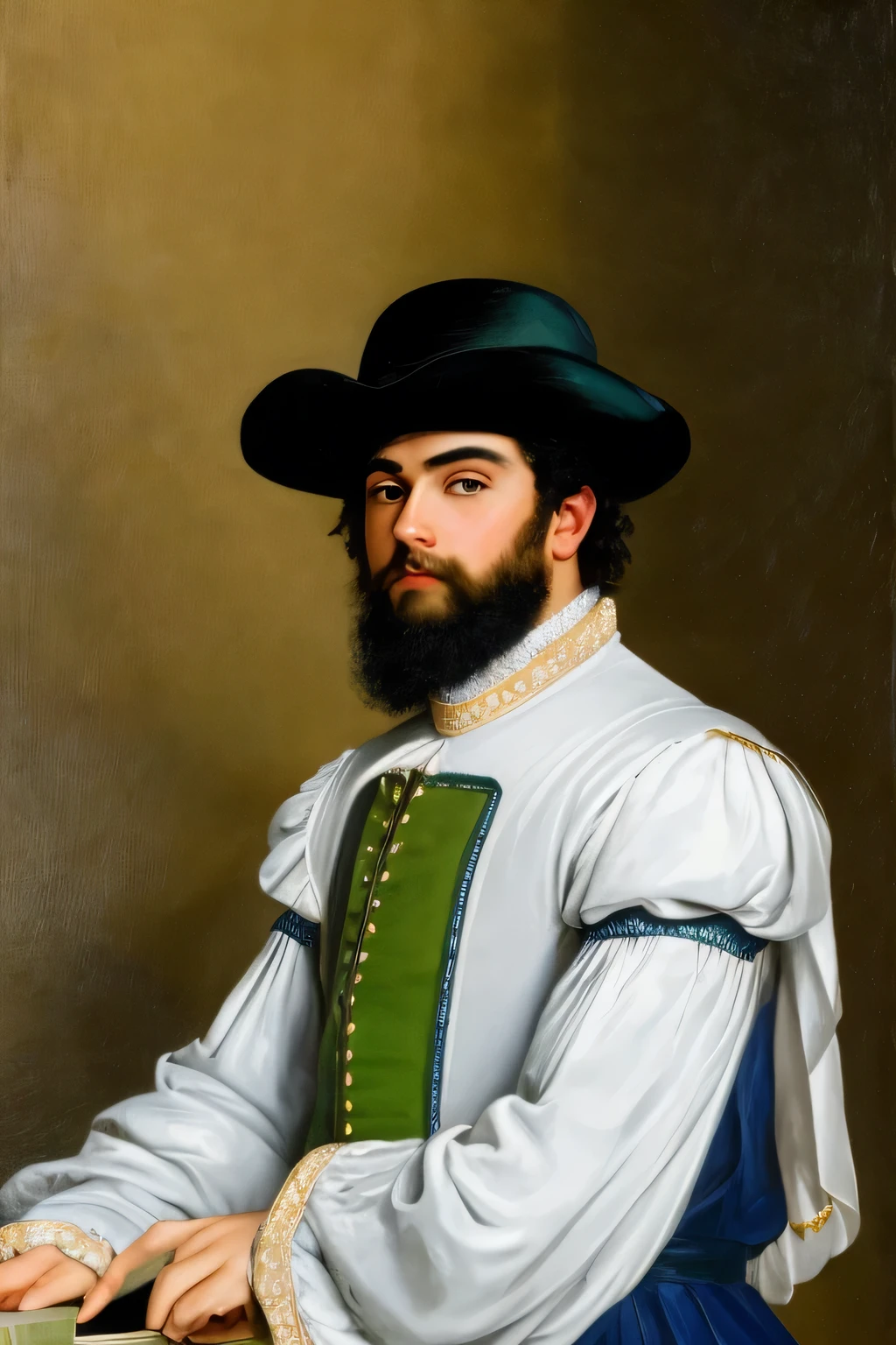 painting by Abel Faivre, Un portrait d&#39;un jeune homme du moyen âge ( 18 ans) vêtu de vêtements médiévaux bleu foncé et vert, il a les yeux bleus, les cheveux bruns courts et une barbe châtain moyen, il porte un livre