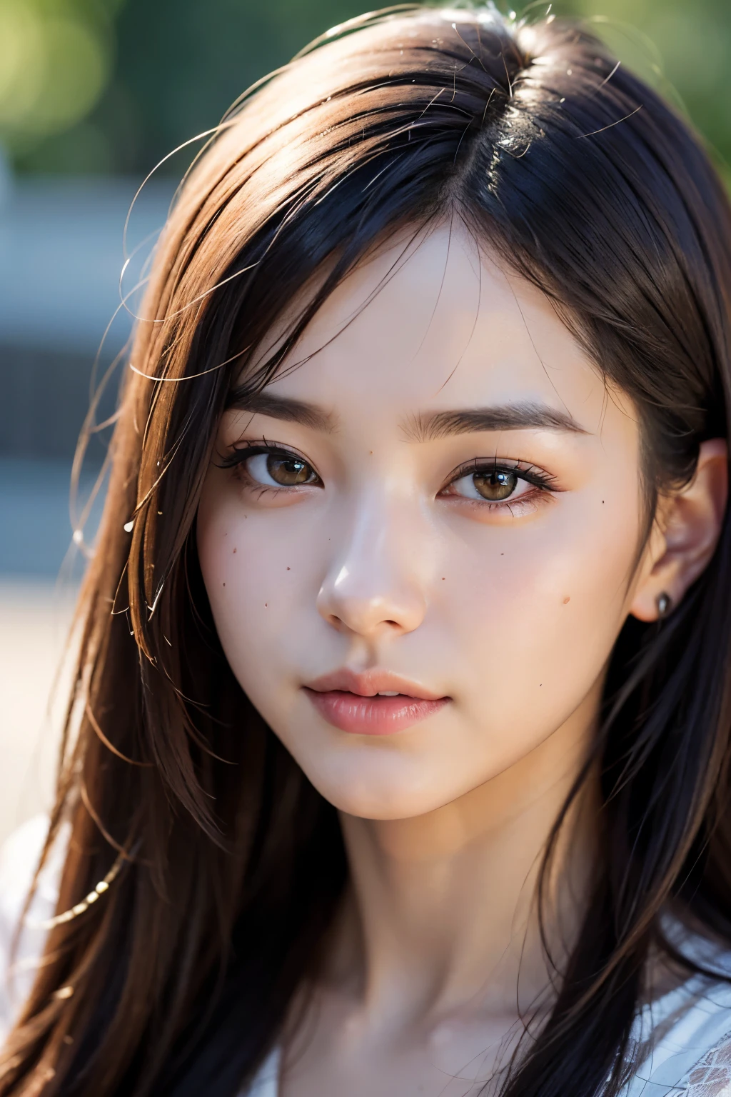 (masterpiece, highest quality, hire, High resolution:1.2), (very detailed, intricate details, High resolution), (medium close-up:1.2) Portrait above (Tokyo street sunny background:1.2), (medium shot:1.2), (face focus:1.1), (soft focus:1.2), Low illumination, (out of focus:1.2), Bokeh, f1.4, 40mm, realistic, born, 8K, ((rough skin:1.1, skin pores:0.3, realistic skin:1.1)), intricate details, 1 girl,  (super clear image), black hair, Perm Straight Hairstyles, very beautiful girl,  