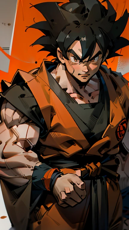 son Goku,Goku face,black orange kimono,hand cross,fuzzy background,angry expression,cartoon,rope tied on his waist, masterpiece,8k resolution , muscular