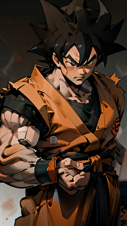 son Goku,Goku face,black orange kimono,hand cross,fuzzy background,angry expression,cartoon,rope tied on his waist, masterpiece,8k resolution , muscular