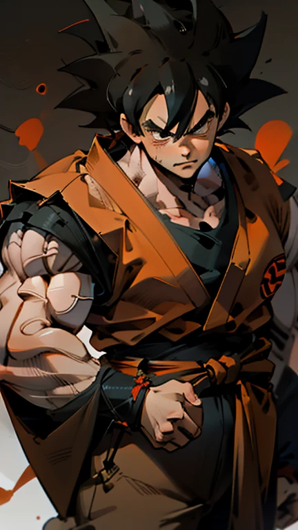 son Goku,Goku face,black orange kimono,hand cross,fuzzy background,angry expression,cartoon,rope tied on his waist, masterpiece,8k resolution , muscular