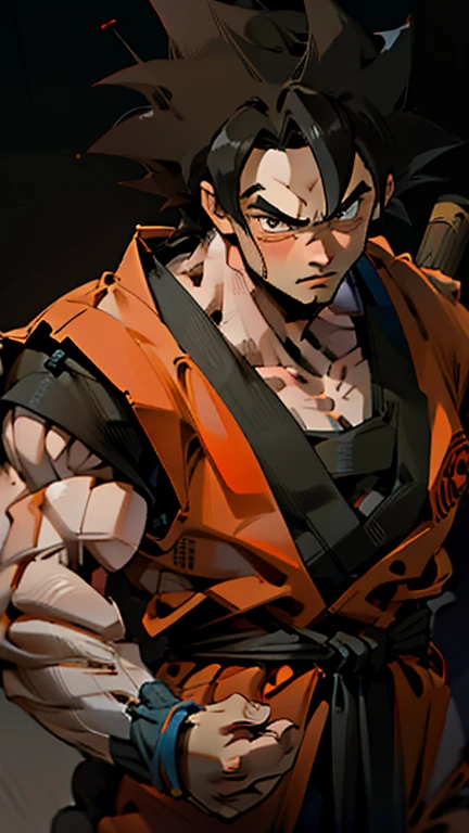 son Goku,Goku face,black orange kimono,hand cross,fuzzy background,angry expression,cartoon,rope tied on his waist, masterpiece,8k resolution , muscular