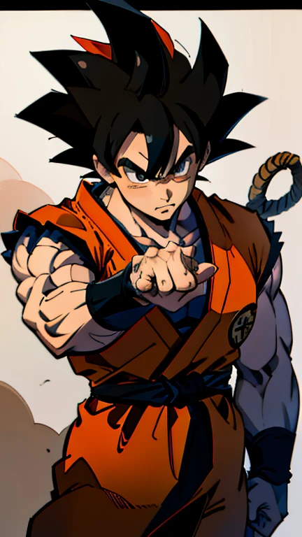 son Goku,Goku face,black orange kimono,hand cross,fuzzy background,angry expression,cartoon,rope tied on his waist, masterpiece,8k resolution , muscular